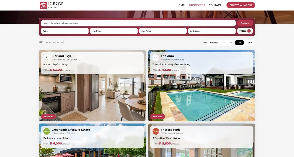 The IGrow Rentals property search: filters for area, type, price and bedrooms above featured developments with photos and monthly rents.