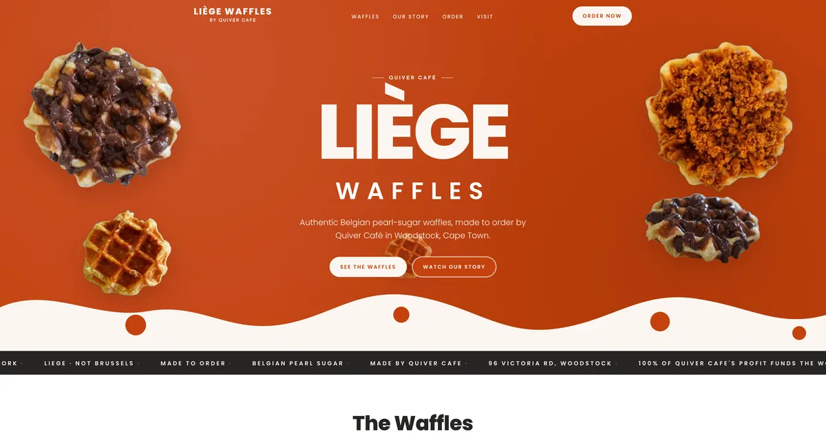 The Liège Waffles home page: a burnt-orange hero with photos of topped waffles, an Order now button and a scrolling ticker below.