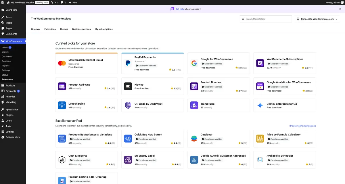 The WooCommerce Marketplace inside a store's WordPress dashboard: curated extensions shown as cards with icons, prices and star ratings.